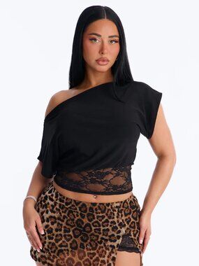 Fashion Nova Spring Feeling Off Shoulder Lace Short Sleeve Top - Black